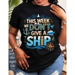 Cruise Vacation Nautical Anchor Graphic Tee, Women's Casual Round Neck Short‑Sleeve T‑Shirt, Funny Ship Letter Print Tops, Vacation Outfits Women