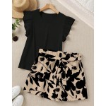 SHEIN LUNE 2pcs Elegant Casual Solid Color Ruffle Trim Top And Printed Shorts Set, Summer Outfits For Women Vacation Black Floral Beige