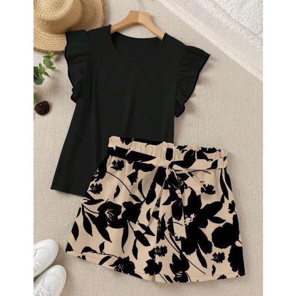 SHEIN LUNE 2pcs Elegant Casual Solid Color Ruffle Trim Top And Printed Shorts Set, Summer Outfits For Women Vacation Black Floral Beige