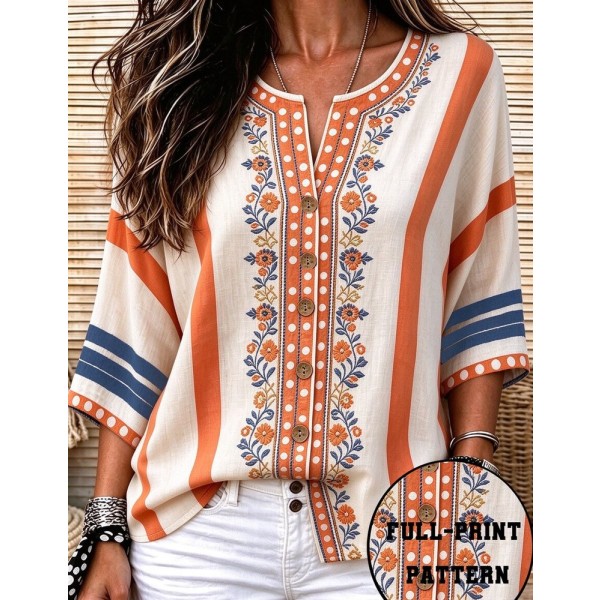 Linhara Ladies' Casual Bohemian-Style Printed Vacation Top, A Relaxed And Fashionable V-Neck Short-Sleeve Bl