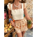 Selianne Spring/Summer Women's Top With Ruffled Neckline, Printed A-Line Shorts Set With Tie, Blue And White Print Fashionable Resort Set