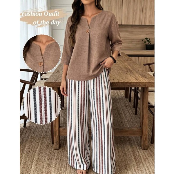 SHEIN LUNE Women's Solid Color Notched V-Neck 3/4 Sleeve Shirt And Striped Pants Casual Set