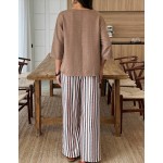 SHEIN LUNE Women's Solid Color Notched V-Neck 3/4 Sleeve Shirt And Striped Pants Casual Set
