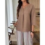 SHEIN LUNE Women's Solid Color Notched V-Neck 3/4 Sleeve Shirt And Striped Pants Casual Set