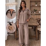 SHEIN LUNE Women's Solid Color Notched V-Neck 3/4 Sleeve Shirt And Striped Pants Casual Set