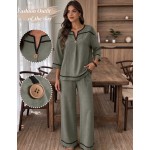 SHEIN LUNE Women's Solid Color Notched V-Neck 3/4 Sleeve Shirt And Striped Pants Casual Set