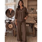 SHEIN LUNE Women's Solid Color Notched V-Neck 3/4 Sleeve Shirt And Striped Pants Casual Set