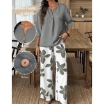 SHEIN LUNE Women's Solid Color Notched V-Neck 3/4 Sleeve Shirt And Striped Pants Casual Set
