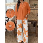 SHEIN LUNE Women's Solid Color Notched V-Neck 3/4 Sleeve Shirt And Striped Pants Casual Set