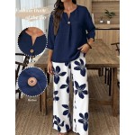 SHEIN LUNE Women's Solid Color Notched V-Neck 3/4 Sleeve Shirt And Striped Pants Casual Set
