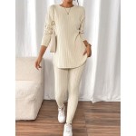 SHEIN Frenchy Drop Shoulder Ribbed Knit Tee & Leggings Textured Fabric Two Pieces Winter Casual Spring