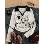 Attitoon Women's T-Shirt, Collared Long Sleeve Waist-Cinched Design, Playful Cute Cat Pattern Earphone, Preppy Back-To-School Campus Outfit Club Clothing, Youth Casual Style, Low-K
