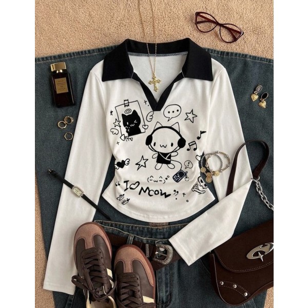 Attitoon Women's T-Shirt, Collared Long Sleeve Waist-Cinched Design, Playful Cute Cat Pattern Earphone, Preppy Back-To-School Campus Outfit Club Clothing, Youth Casual Style, Low-K