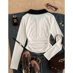Attitoon Women's T-Shirt, Collared Long Sleeve Waist-Cinched Design, Playful Cute Cat Pattern Earphone, Preppy Back-To-School Campus Outfit Club Clothing, Youth Casual Style, Low-K