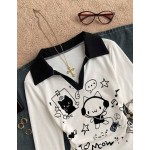 Attitoon Women's T-Shirt, Collared Long Sleeve Waist-Cinched Design, Playful Cute Cat Pattern Earphone, Preppy Back-To-School Campus Outfit Club Clothing, Youth Casual Style, Low-K