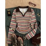 Attitoon Women's T-Shirt, Collared Long Sleeve Waist-Cinched Design, Playful Cute Cat Pattern Earphone, Preppy Back-To-School Campus Outfit Club Clothing, Youth Casual Style, Low-K