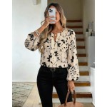 SHEIN LUNE Women's Beige Floral Print Long Sleeve Blouse, Round Neck V-Notch Faux Placket Puff Sleeve, Elegant Smart Casual Autumn Office Work Teachers' Day