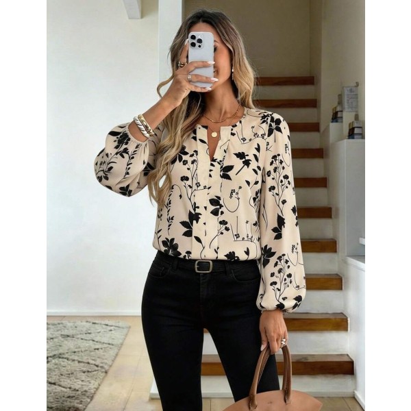 SHEIN LUNE Women's Beige Floral Print Long Sleeve Blouse, Round Neck V-Notch Faux Placket Puff Sleeve, Elegant Smart Casual Autumn Office Work Teachers' Day