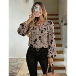 SHEIN LUNE Women's Beige Floral Print Long Sleeve Blouse, Round Neck V-Notch Faux Placket Puff Sleeve, Elegant Smart Casual Autumn Office Work Teachers' Day