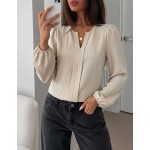 SHEIN LUNE Women's Beige Floral Print Long Sleeve Blouse, Round Neck V-Notch Faux Placket Puff Sleeve, Elegant Smart Casual Autumn Office Work Teachers' Day