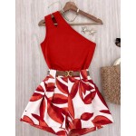 Roelina Women's Green Floral Summer Casual Holiday Vacation Holiday 2-Piece Set,Elegant Asymmetric Shoulder Ruched Hollow-Out Sleeveless Fitted Shorts