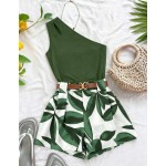 Roelina Women's Green Floral Summer Casual Holiday Vacation Holiday 2-Piece Set,Elegant Asymmetric Shoulder Ruched Hollow-Out Sleeveless Fitted Shorts