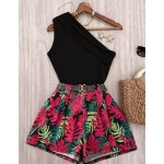 Roelina Women's Green Floral Summer Casual Holiday Vacation Holiday 2-Piece Set,Elegant Asymmetric Shoulder Ruched Hollow-Out Sleeveless Fitted Shorts
