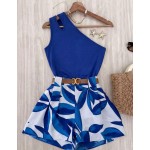 Roelina Women's Green Floral Summer Casual Holiday Vacation Holiday 2-Piece Set,Elegant Asymmetric Shoulder Ruched Hollow-Out Sleeveless Fitted Shorts