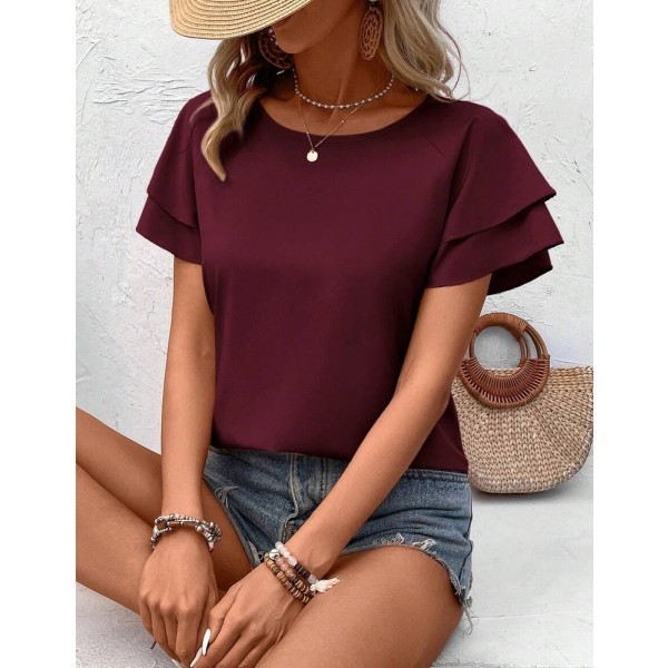 SHEIN LUNE Solid Raglan Sleeve Casual Blouse For Dailywear,Short Sleeve Tops