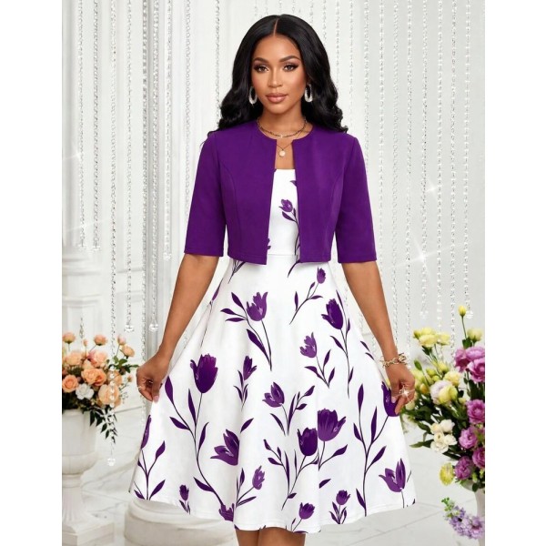 SHEIN Lady Women's Floral Print Sleeveless Dress And Solid Color Jacket Elegant 2-Piece Set Wedding Gender Reveal Funeral Purple Summer