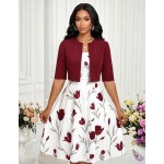 SHEIN Lady Women's Floral Print Sleeveless Dress And Solid Color Jacket Elegant 2-Piece Set Wedding Gender Reveal Funeral Purple Summer