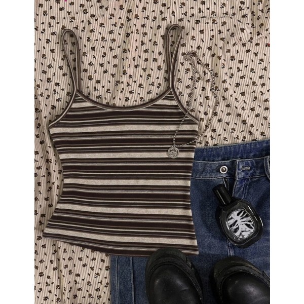 Attitoon Women's Casual Sexy Spaghetti Strap Fitted Tank Top, Black & Gray Striped Collegiate Back To School Graphic, Casual Minimalist Sporty Streetwear Versatile Party Gathering