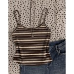 Attitoon Women's Casual Sexy Spaghetti Strap Fitted Tank Top, Black & Gray Striped Collegiate Back To School Graphic, Casual Minimalist Sporty Streetwear Versatile Party Gathering