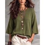 SHEIN Casual Loose Round Neck 3/4 Sleeve Knit Batwing Sleeve ,Green Women Fall Winter Sweater, Going Out Top, Country, Social Blouse, Country Concert Outfit
