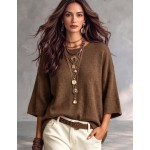 SHEIN Casual Loose Round Neck 3/4 Sleeve Knit Batwing Sleeve ,Green Women Fall Winter Sweater, Going Out Top, Country, Social Blouse, Country Concert Outfit