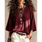 SHEIN Casual Loose Round Neck 3/4 Sleeve Knit Batwing Sleeve ,Green Women Fall Winter Sweater, Going Out Top, Country, Social Blouse, Country Concert Outfit