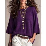 SHEIN Casual Loose Round Neck 3/4 Sleeve Knit Batwing Sleeve ,Green Women Fall Winter Sweater, Going Out Top, Country, Social Blouse, Country Concert Outfit