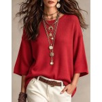 SHEIN Casual Loose Round Neck 3/4 Sleeve Knit Batwing Sleeve ,Green Women Fall Winter Sweater, Going Out Top, Country, Social Blouse, Country Concert Outfit
