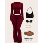 INAWLY Solva Women's Solid Color Long Sleeve Top And Long Pants 2 Pieces Set