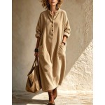 Local
Multi‑Color Oversized Ribbed Henley Neck Maxi Dress, Stand Collar Half‑Button Long Sleeve Casual Loose Dress With Side Pockets