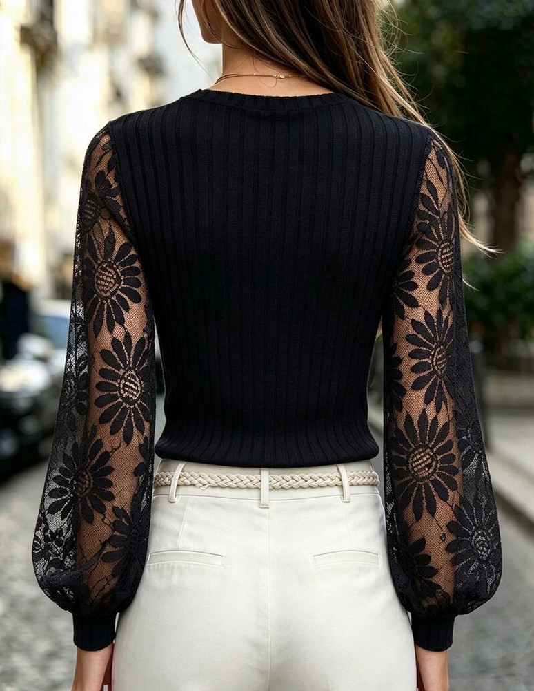 LUMIGAL Apricot Brushed Ribbed Patchwork Sheer Floral Lace V-Neck Lantern Sleeve Casual Romantic Elegant Women's Top For Autumn/Winter Brunch Tea Party