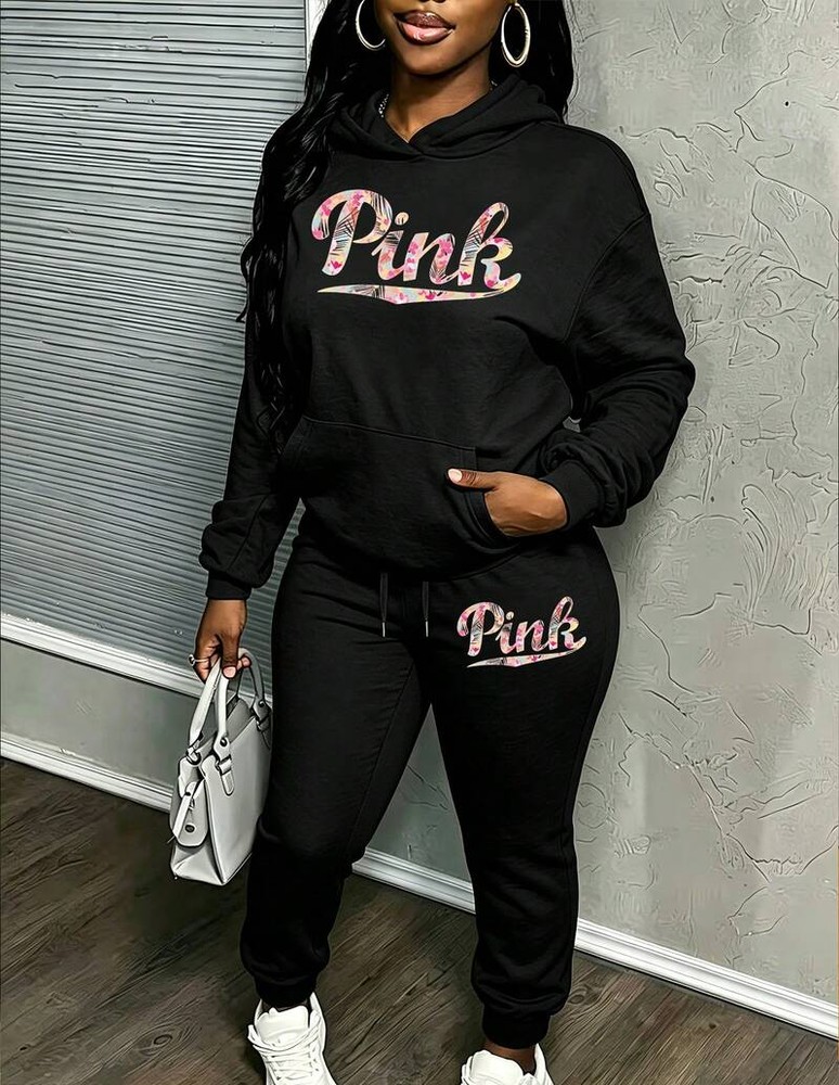Womens Y2K Letter GraphicPrint Set, Casual Hooded Sweatshirt & Sweatpant,Fall Clothes For Women,Pant Suit Set Women,Conjunto De Dos Piezas Mujer
