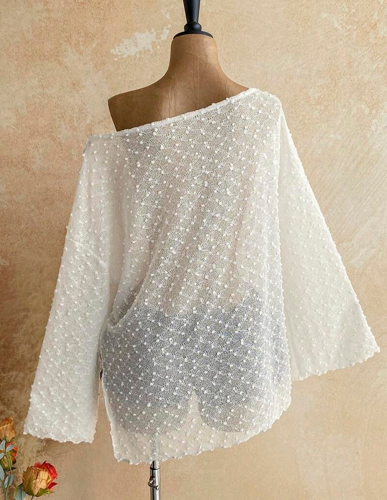 Soleia Long Sleeve Asymmetrical Shoulder Knit Jacquard Loose Fit Split Hem Top