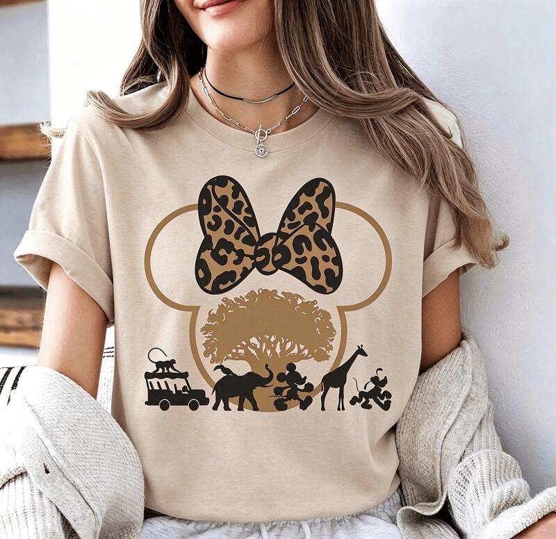 Disney Animal Kingdom Leopard Bow Minnie Outline Graphic Tee, Safari Tree Wildlife Silhouette Crew Neck Womens Top