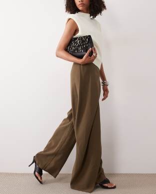 ASOS DESIGN tailored wrap waist wide leg pants in olive