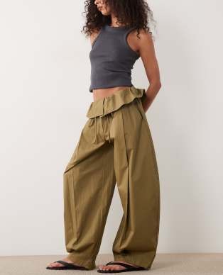 ASOS DESIGN foldover waist detail pants in khaki