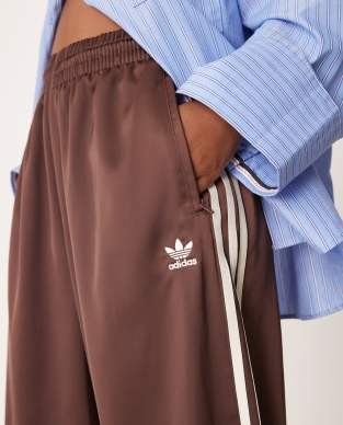 adidas Originals Adicolor satin wide leg track pants in brown