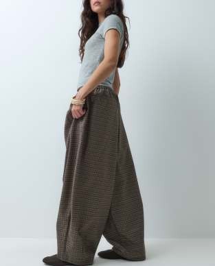 COLLUSION balloon leg trouser with tie waist in brown check
