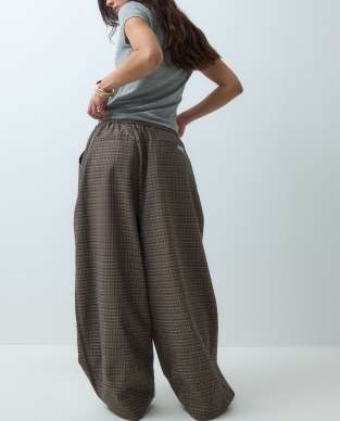 COLLUSION balloon leg trouser with tie waist in brown check