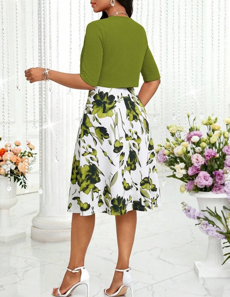 SHEIN Lady 女士优雅纯色露脐上衣和印花连衣裙两件套,夏季